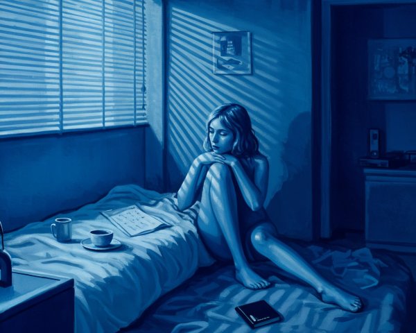Young Woman in Softly Lit Room with Papers and Coffee