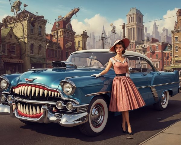 Vintage Car with Stylish Woman in City Setting