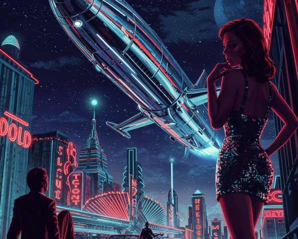 Futuristic cityscape with neon lights and retro ads