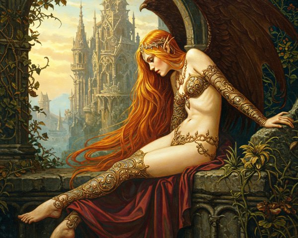 Mystical figure with red hair and elegant wings