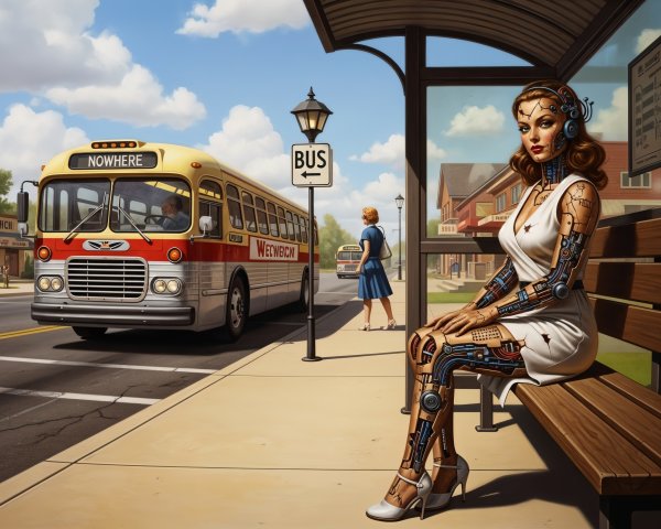 1950s Street Scene with Cyborg Woman at Bus Stop