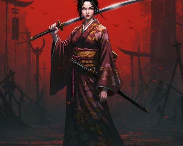 Warrior in Kimono with Katana Against Red Backdrop