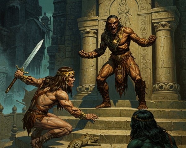 Warriors Confrontation in an Ancient Temple Setting