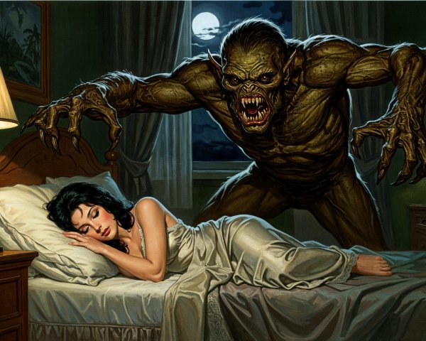 Horror Scene of a Sleeping Woman and Monstrous Creature