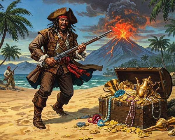 Pirate with Musket on Tropical Beach and Treasure Chest