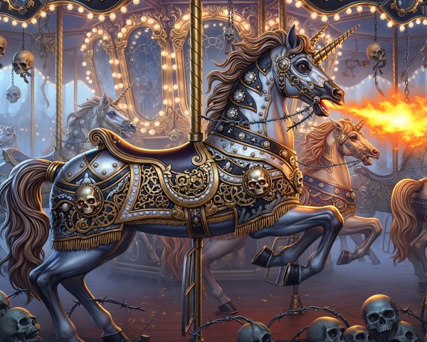 Fantastical Carousel with Unicorns and Dark Decor