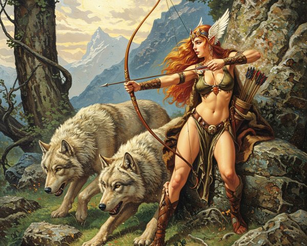 Fierce Warrior Woman with Wolves in Mystical Landscape