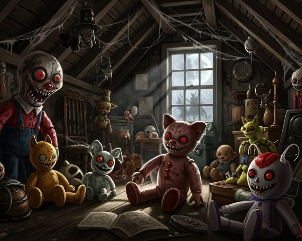 Creepy Attic with Possessed Dolls and Haunting Atmosphere