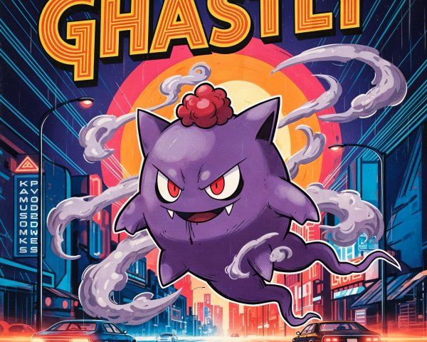 Cartoonish Ghastly in Neon Urban Night Scene