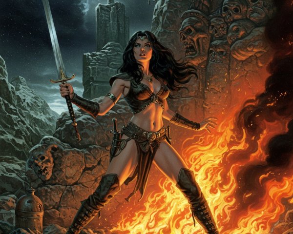 Fierce Warrior in Fiery Fantasy Battle Scene