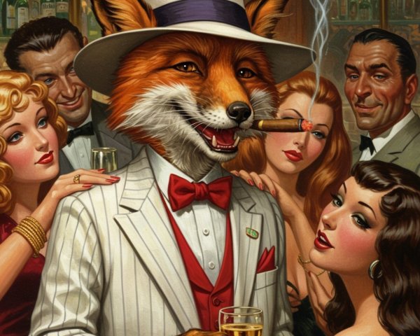 Vintage Bar Scene with Dapper Fox and Glamorous Women