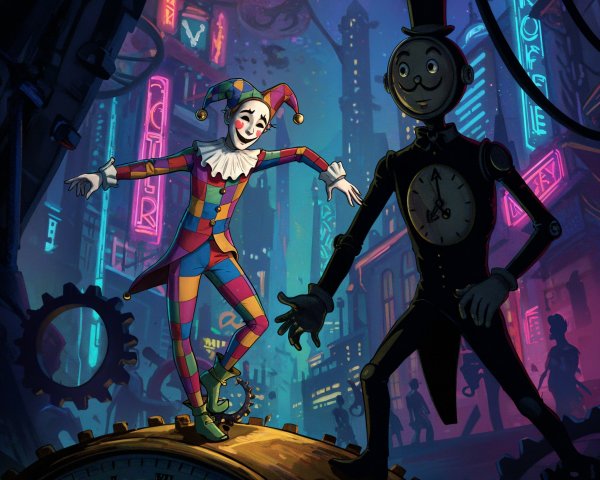 Neon Cityscape with Jester and Clock Figure