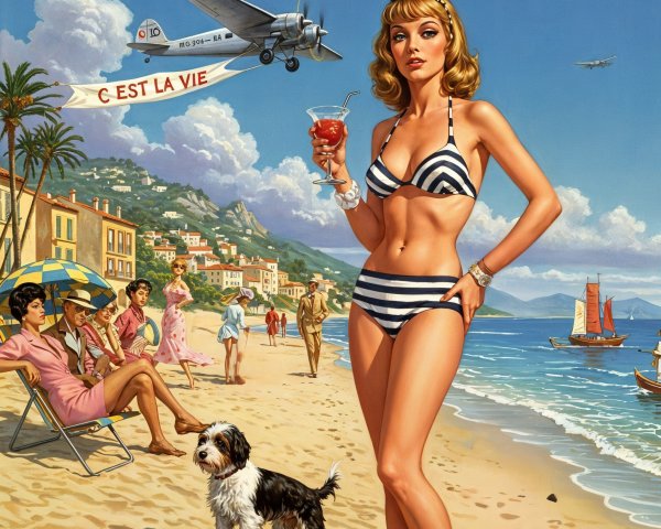 Retro Beach Scene with Glamorous Woman and Dog