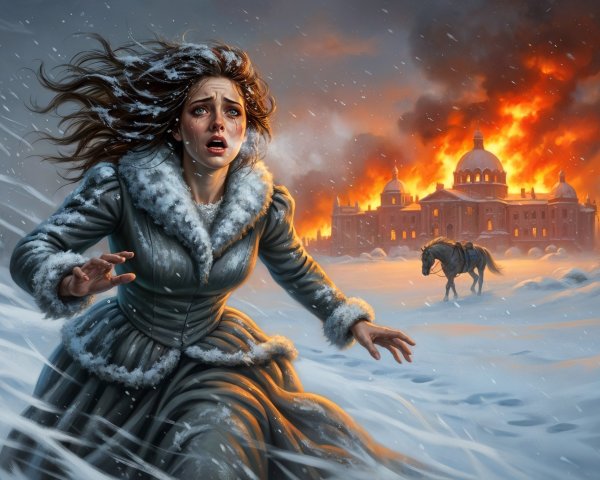 Terrified woman fleeing a burning building in snow
