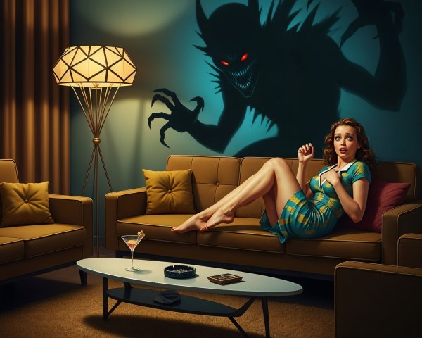 Cozy Living Room with Startled Woman and Eerie Shadow