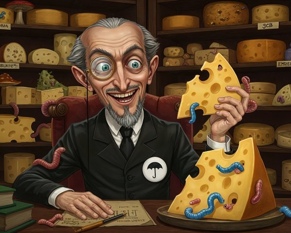 Whimsical Cheese Shop with Colorful Worms and Character