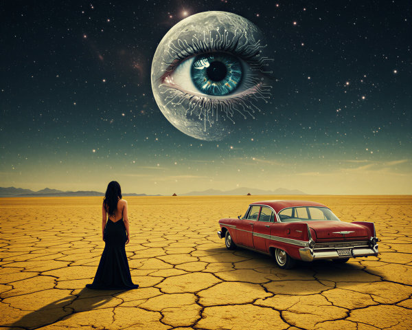 Surreal Landscape with Woman, Vintage Car, and Moon