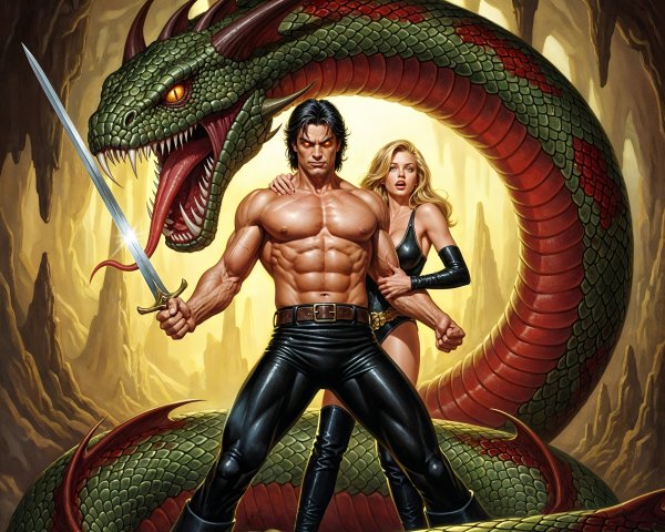 Warrior and Woman Face Dragon in Dramatic Setting