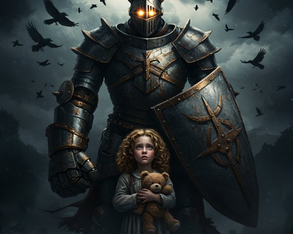 Knight in Dark Armor Protecting a Young Girl