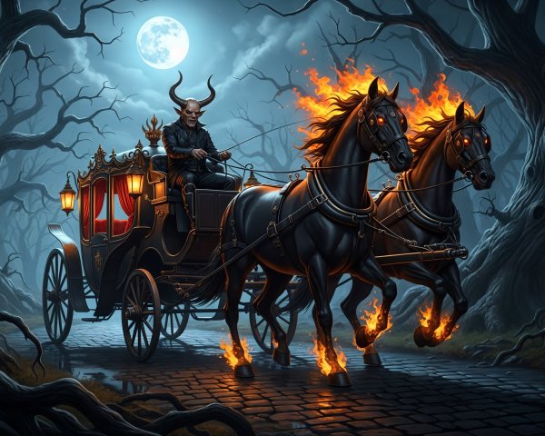 Sinister Figure in Fiery Carriage with Blazing Horses
