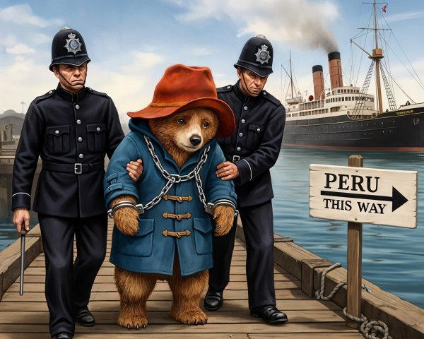 Cartoon Bear in Chains with Police Officers at Dock