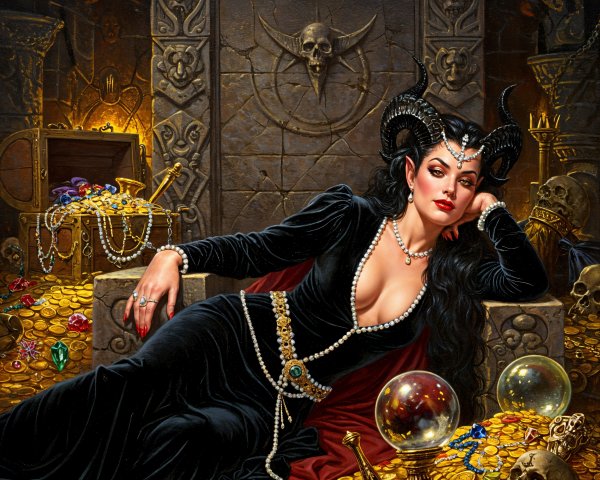 Mysterious Sorceress Surrounded by Treasures and Artifacts