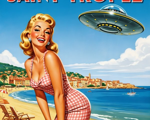 Retro Illustration of Glamorous Woman at Beach