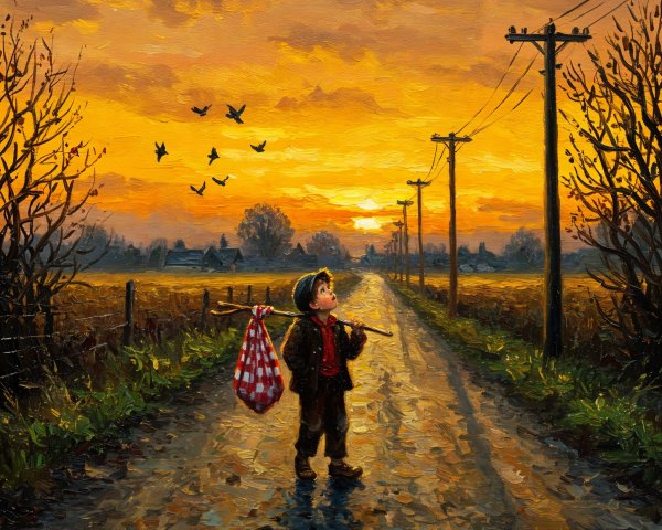 Young Boy with Checkered Bag on Sunset Road