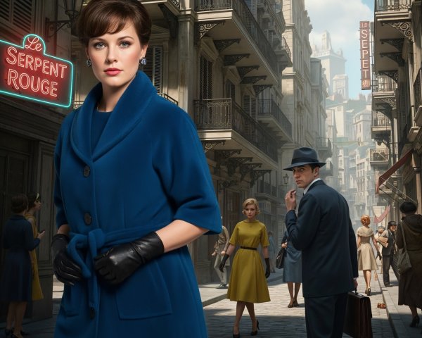 Elegant Street Scene with Stylish Figures and Vintage Sign