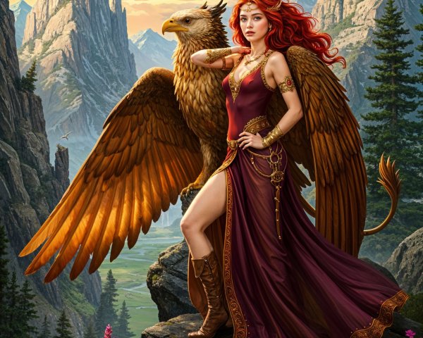 Majestic Woman and Griffin in Dramatic Landscape