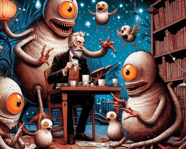 Elderly Man in Colorful Library with Playful Creatures