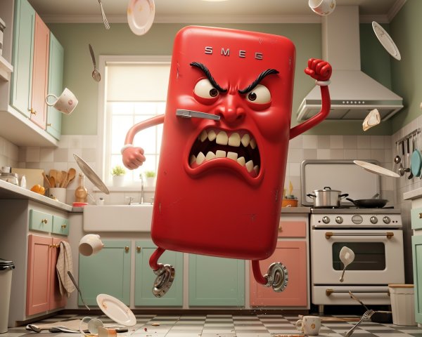 Cartoon Red SMEG Fridge in Colorful Kitchen Chaos