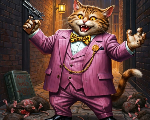 Anthropomorphic cat in pink suit with handgun in alleyway