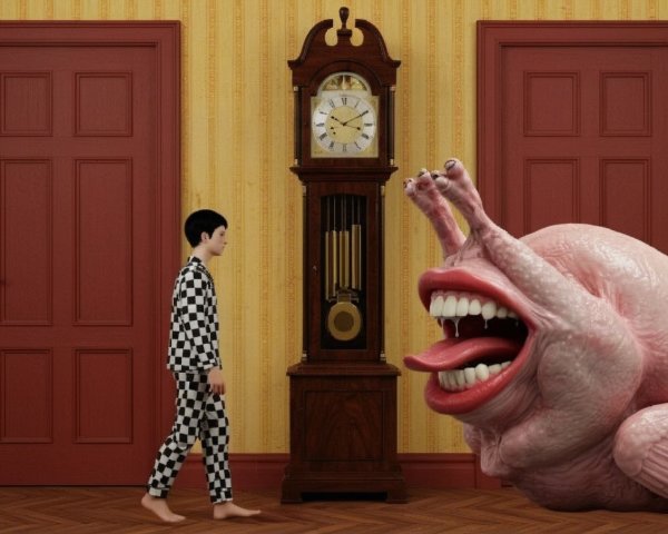 Surreal Scene of Boy and Grotesque Turkey Creature