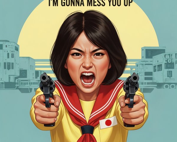 Young girl in school uniform aiming guns with intensity
