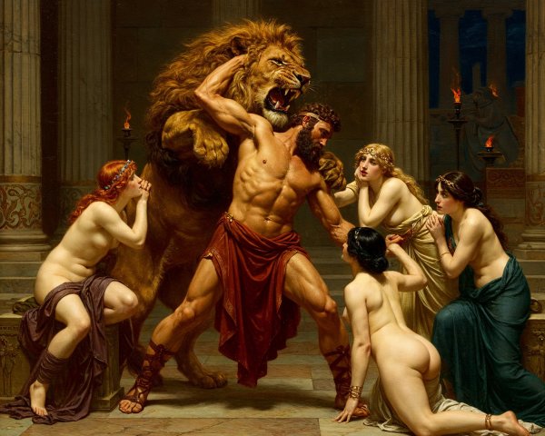 Hercules Battling a Lion in a Classical Setting