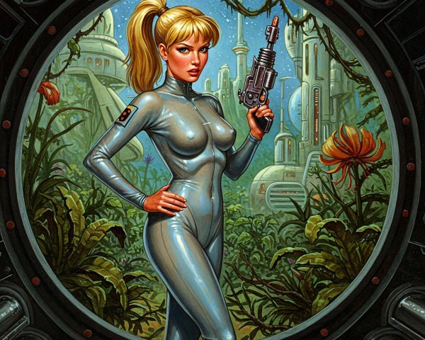 Futuristic Sci-Fi Scene with Confident Woman and Landscape