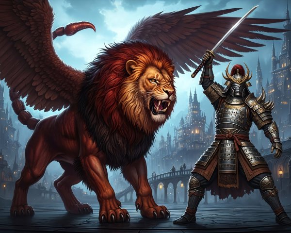 Fierce Winged Lion and Armored Warrior in Fantasy Scene
