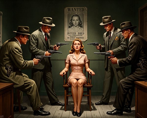 Glamorous Woman Surrounded by Armed Men in Noir Scene