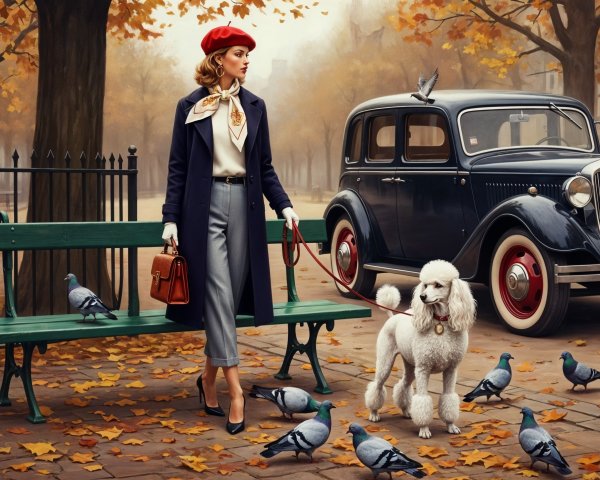 Fashionable woman in navy coat with poodle in park