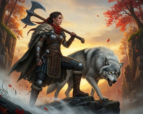 Fierce Warrior with Axe and Wolf in Dramatic Landscape