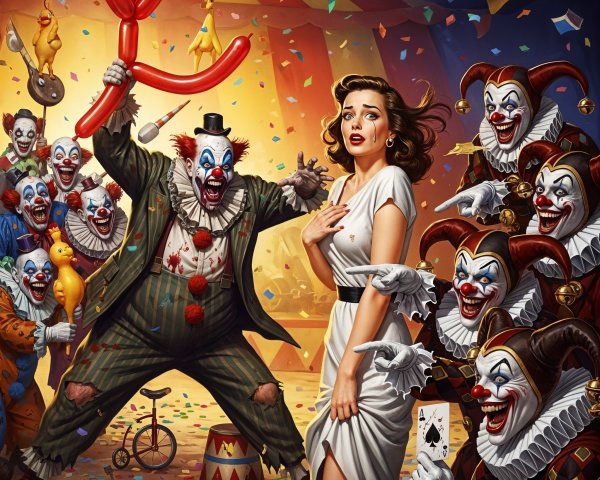 Eerie Clowns Surround Woman in Circus Scene