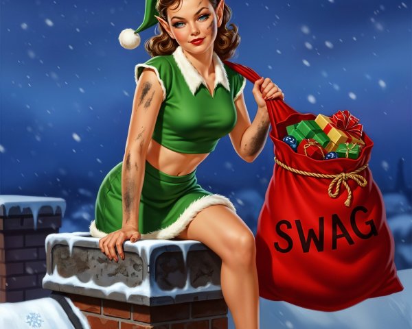 Retro Elf Illustration on Snowy Chimney with Gifts