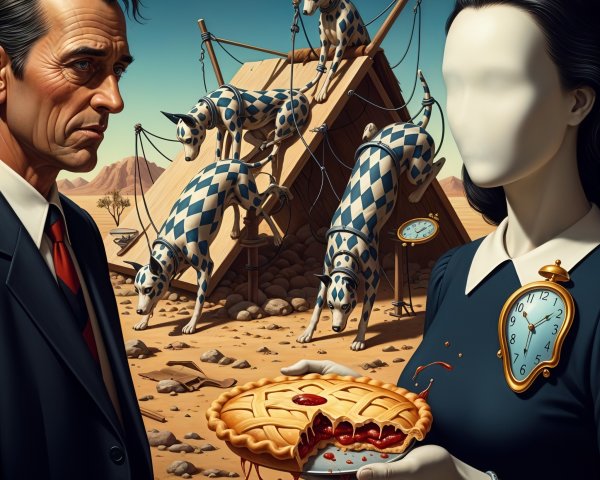 Surreal Scene with Faceless Woman and Whimsical Horses