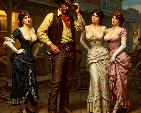 Cowboy Surrounded by Elegantly Dressed Women in Wild West