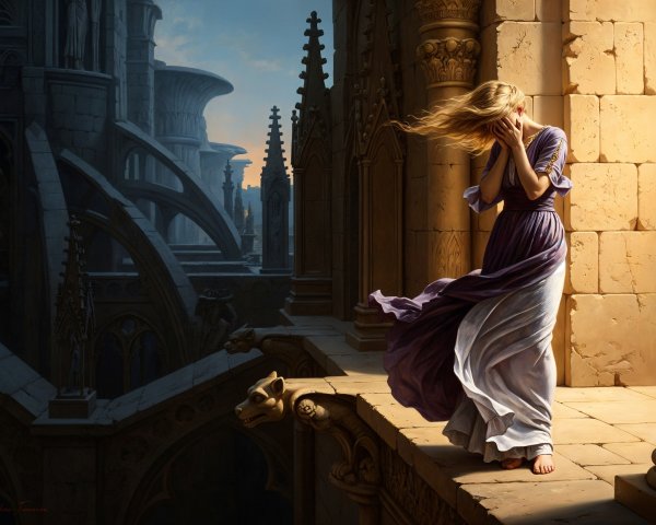 Gothic Balcony Scene with Solitary Figure in Lavender Dress
