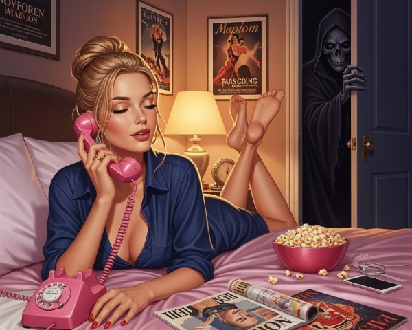 Glamorous Woman in Bedroom with Ominous Figure Present