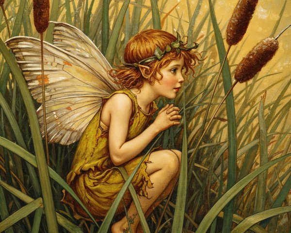 Young fairy with translucent wings in a grassy field