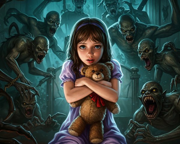Young girl with teddy bear in eerie dimly lit room