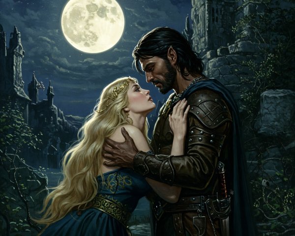 Knight and Woman Embrace in Moonlit Ruins
